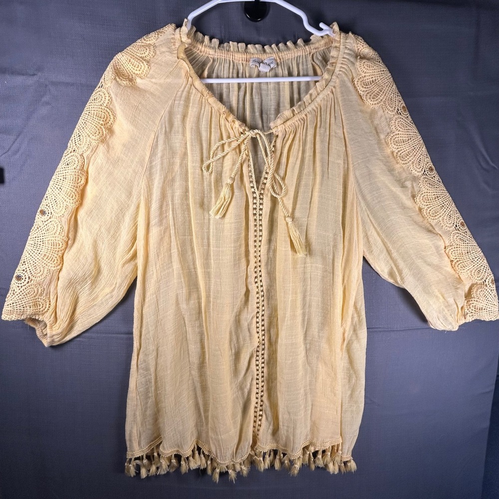 Indigo Rose Women 2X Yellow Crochet Lace Tassel Peasant‎ Blouse Top
